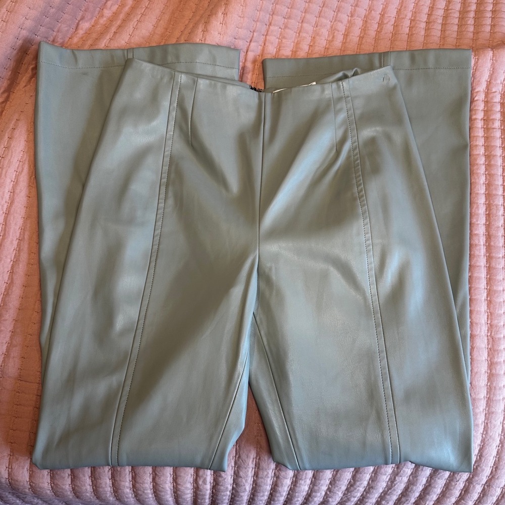 Free People We The Free Real Deal Slit Faux Leather High Rise Flare Pants Green - Picture 4 of 10